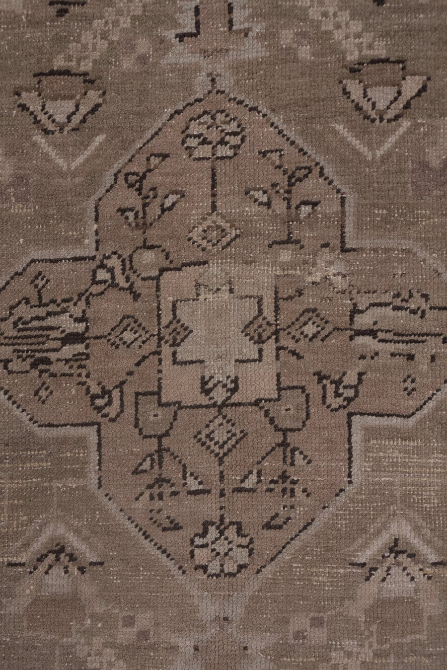 4' x 8' one-of-a-kind handmade vintage Oushak rug. Color palette: taupe, beige, brown, ivory, camel, charcoal, gray, black