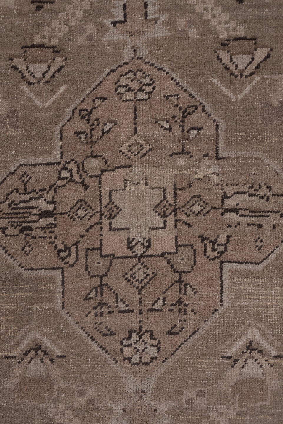 4' x 8' one-of-a-kind handmade vintage Oushak rug. Color palette: taupe, beige, brown, ivory, camel, charcoal, gray, black