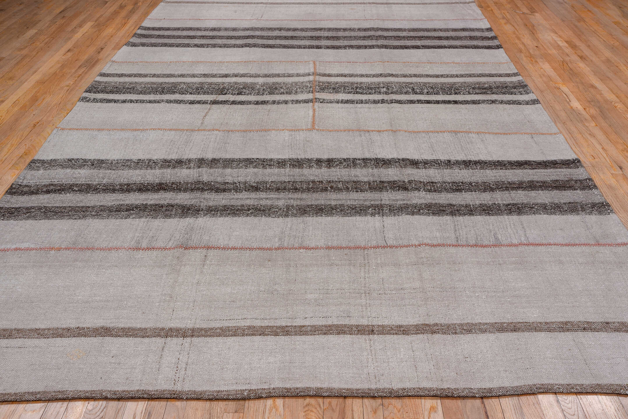 8' x 13' one-of-a-kind handmade vintage Kilim large size rug. Color palette: ivory, taupe, charcoal, coral, beige, gray