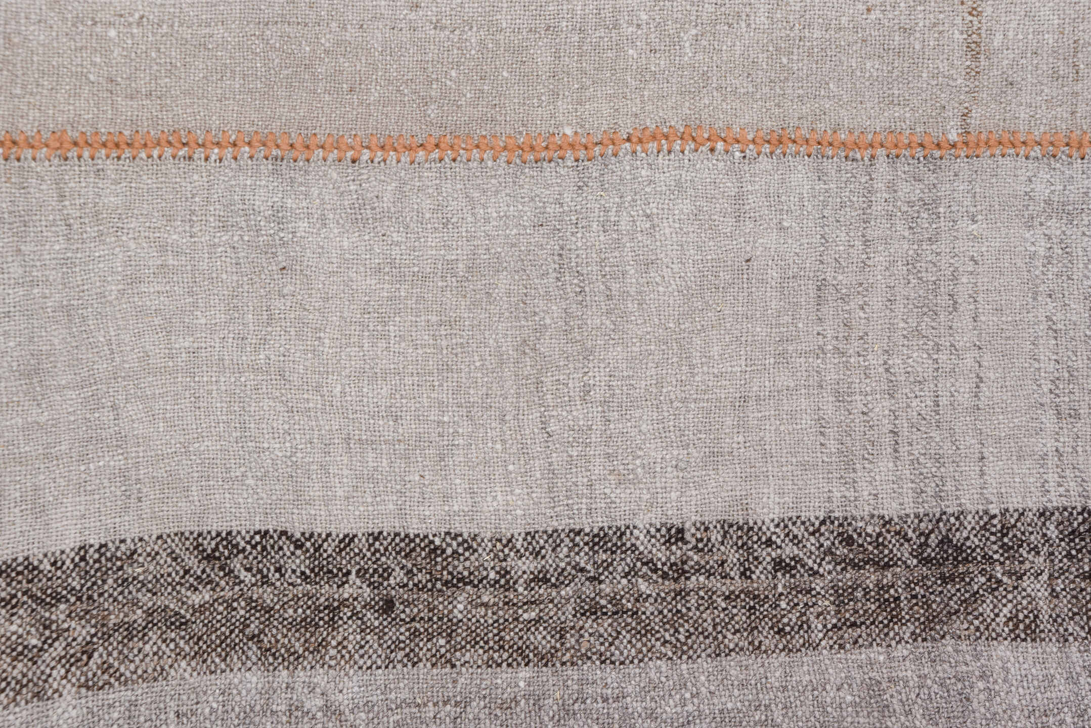 8' x 13' one-of-a-kind handmade vintage Kilim large size rug. Color palette: ivory, taupe, charcoal, coral, beige, gray