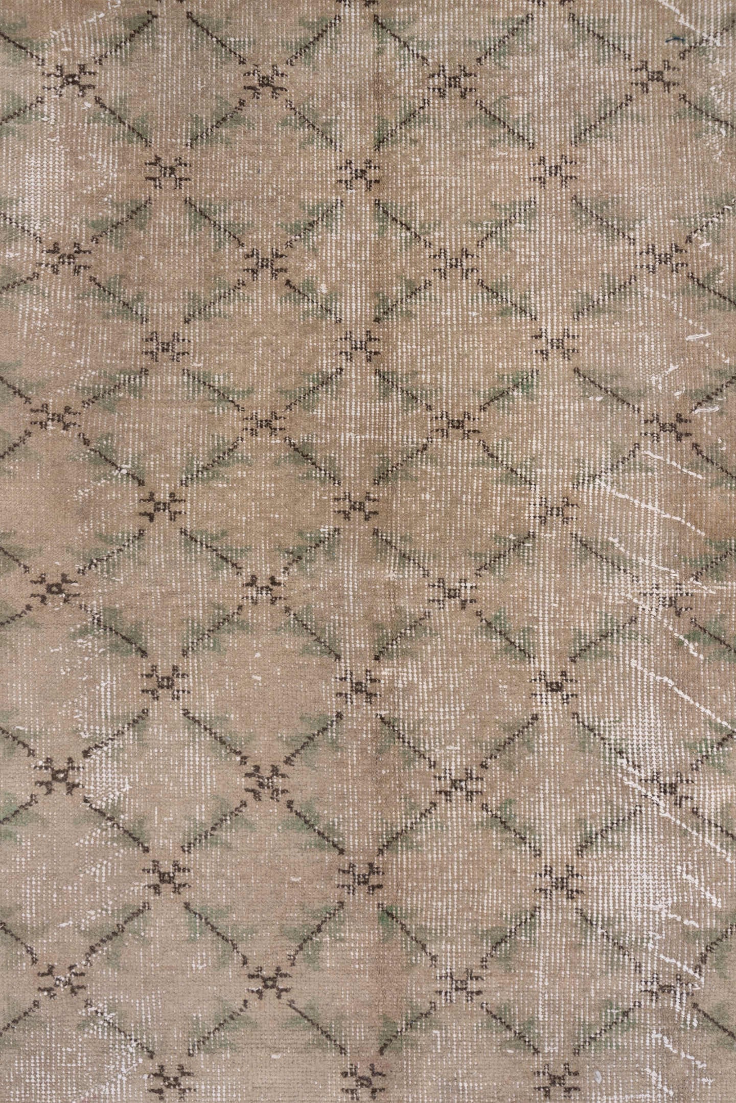 5' x 8' one-of-a-kind handmade vintage Konya medium size rug. Color palette: taupe, beige, charcoal, sage, ivory, gray