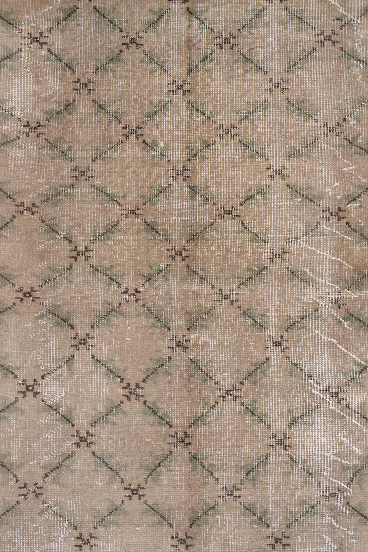 5' x 8' one-of-a-kind handmade vintage Konya medium size rug. Color palette: taupe, beige, charcoal, sage, ivory, gray