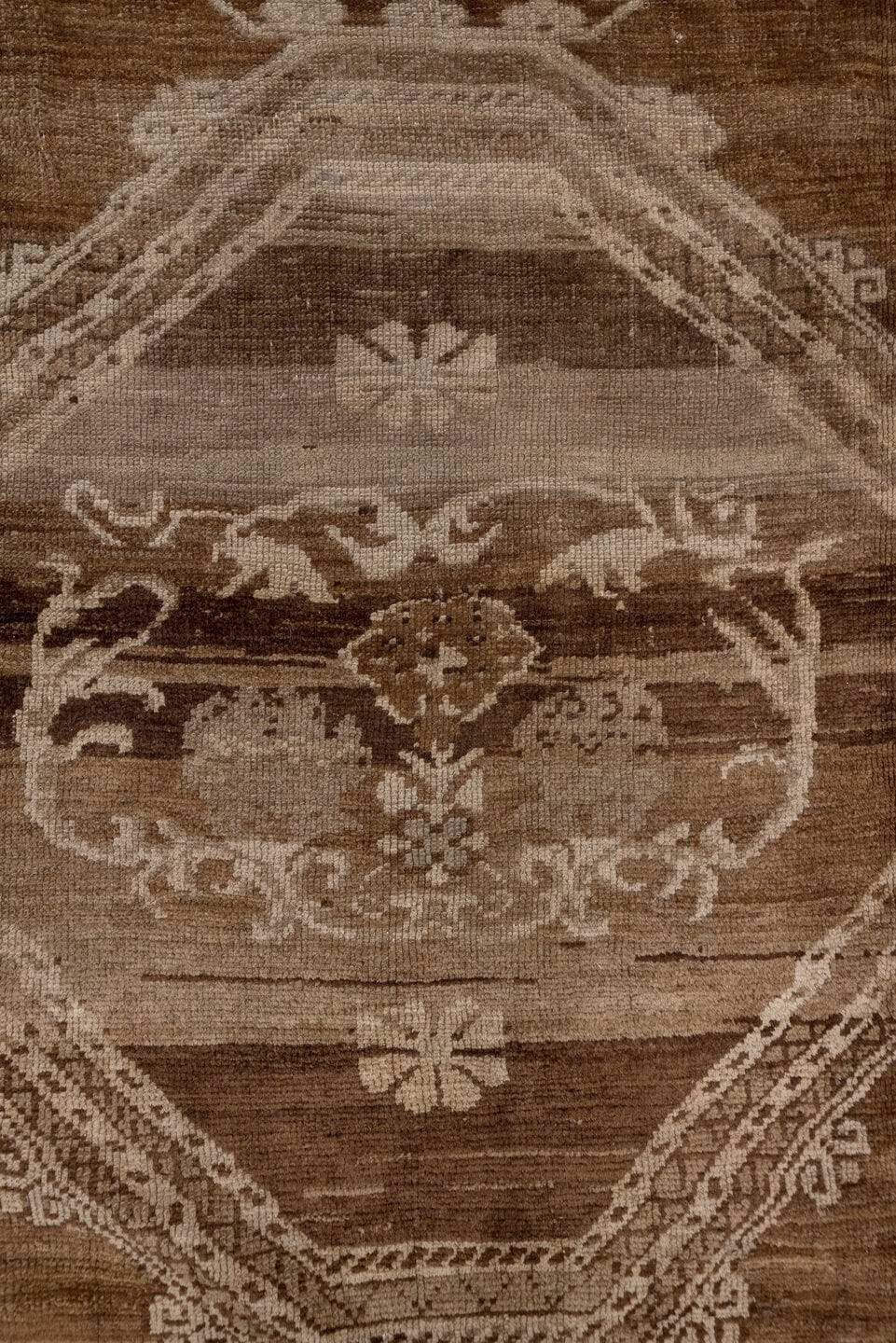 7' x 9' one-of-a-kind handmade vintage Oushak rug. Color palette: brown, taupe, ivory, beige, camel, gray