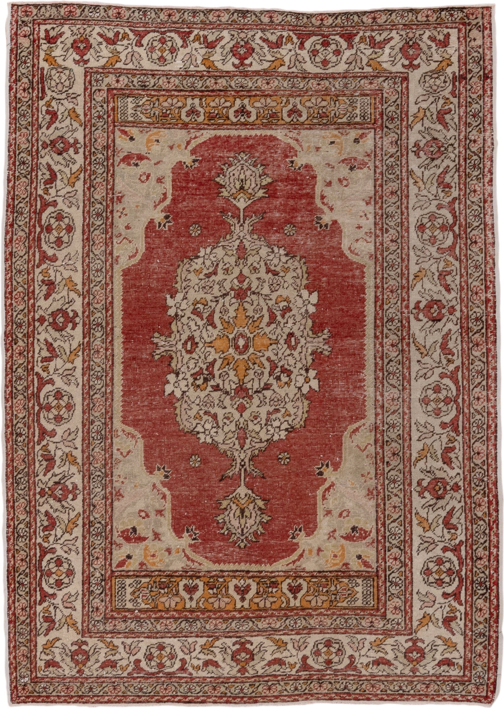 4' x 6' one-of-a-kind handmade vintage Oushak small size rug. Color palette: ivory, terra cotta, rust, gold, camel, sage