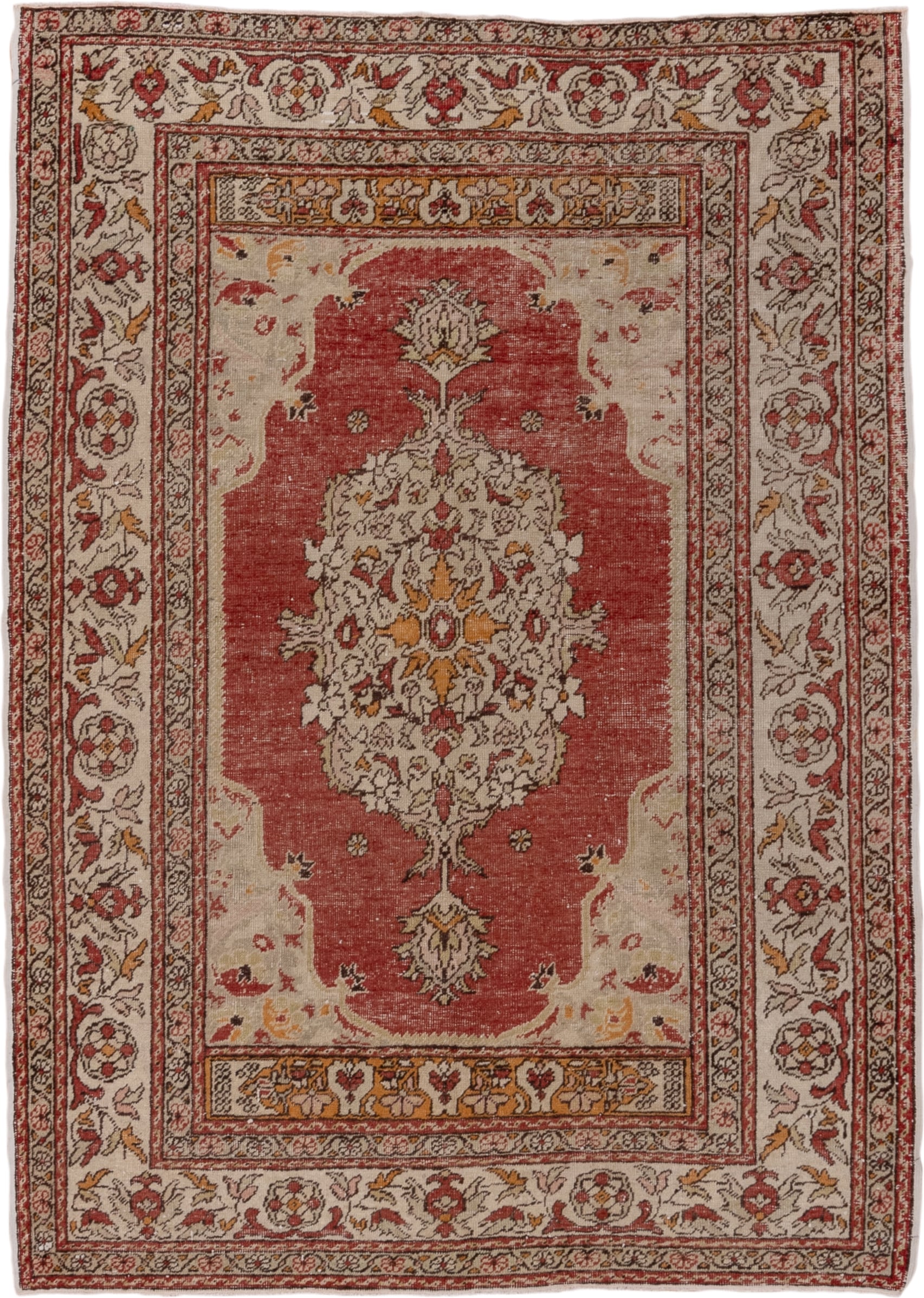 4' x 6' one-of-a-kind handmade vintage Oushak small size rug. Color palette: ivory, terra cotta, rust, gold, camel, sage