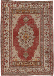 4' x 6' one-of-a-kind handmade vintage Oushak small size rug. Color palette: ivory, terra cotta, rust, gold, camel, sage