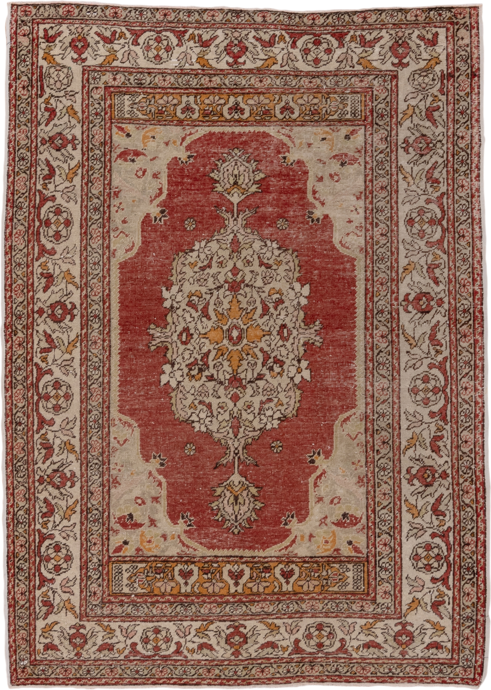 4' x 6' one-of-a-kind handmade vintage Oushak small size rug. Color palette: ivory, terra cotta, rust, gold, camel, sage