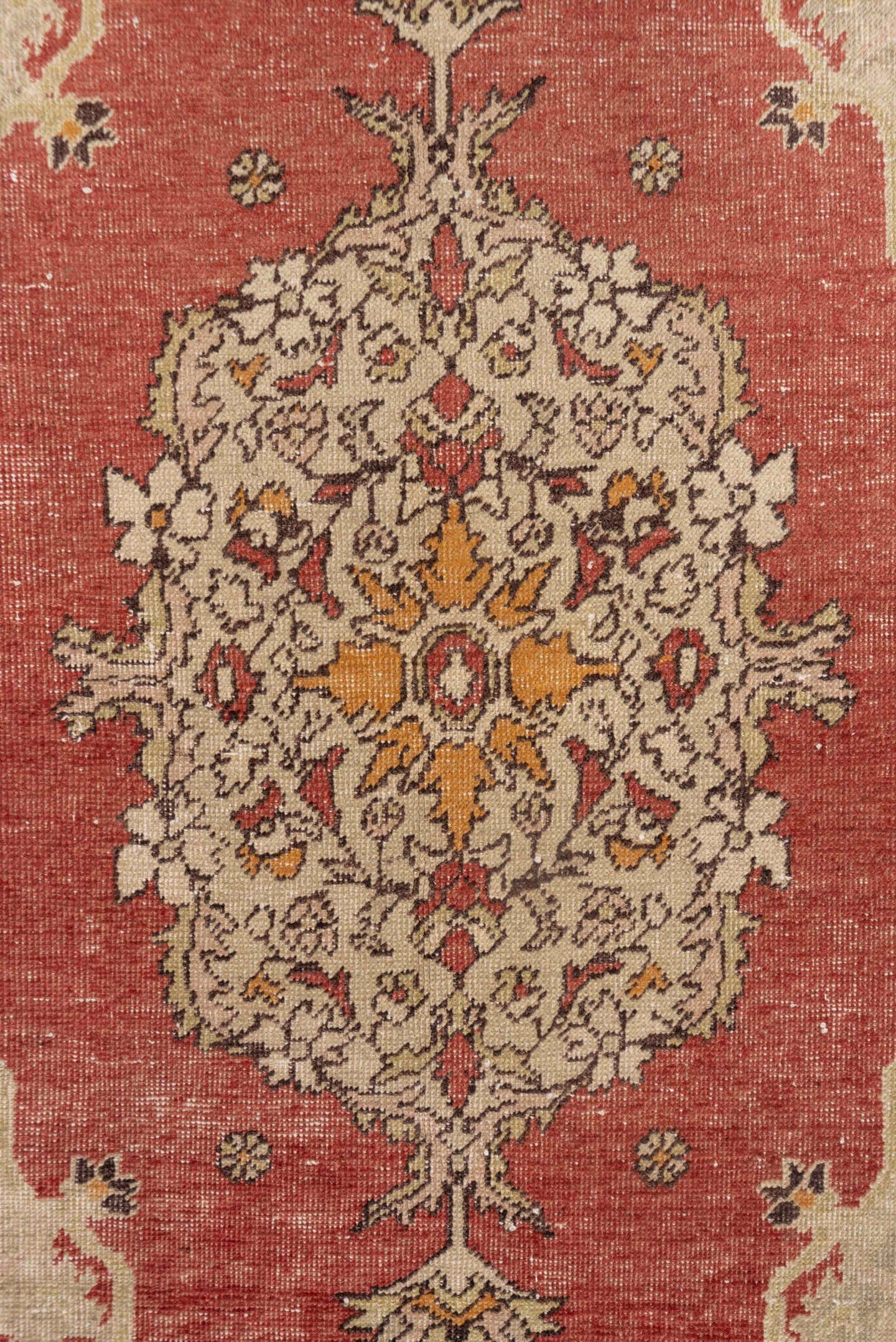 4' x 6' one-of-a-kind handmade vintage Oushak small size rug. Color palette: ivory, terra cotta, rust, gold, camel, sage