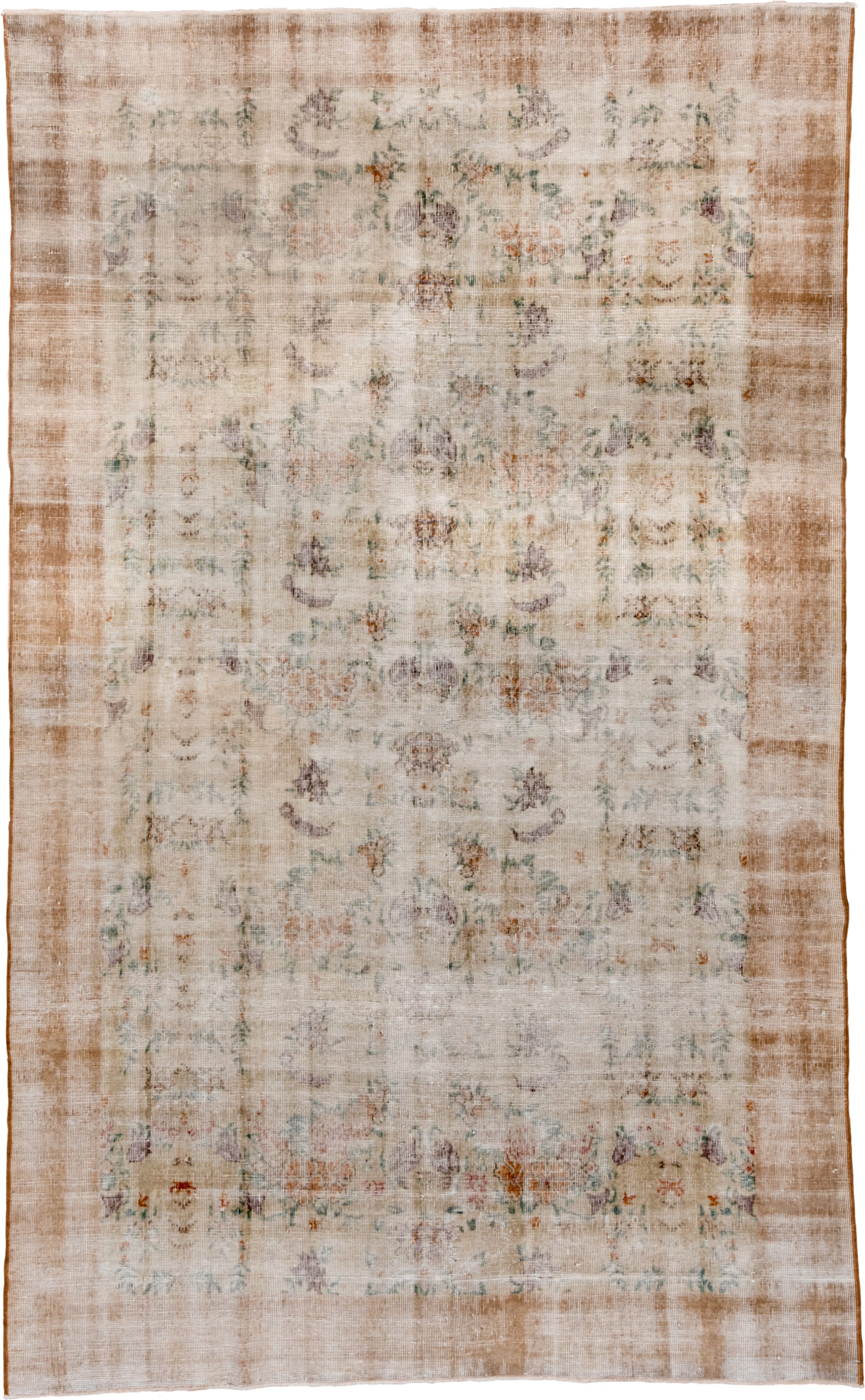 6' x 10' one-of-a-kind handmade vintage Oushak large size rug. Color palette: ivory, beige, taupe, sage, lavender, peach