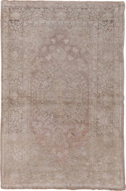 4' x 6' one-of-a-kind handmade vintage Oushak small size rug. Color palette: ivory, blush, taupe, beige, sand, rose, pink