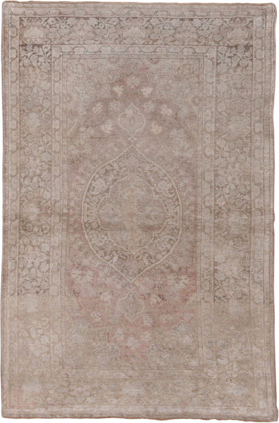 4' x 6' one-of-a-kind handmade vintage Oushak small size rug. Color palette: ivory, blush, taupe, beige, sand, rose, pink