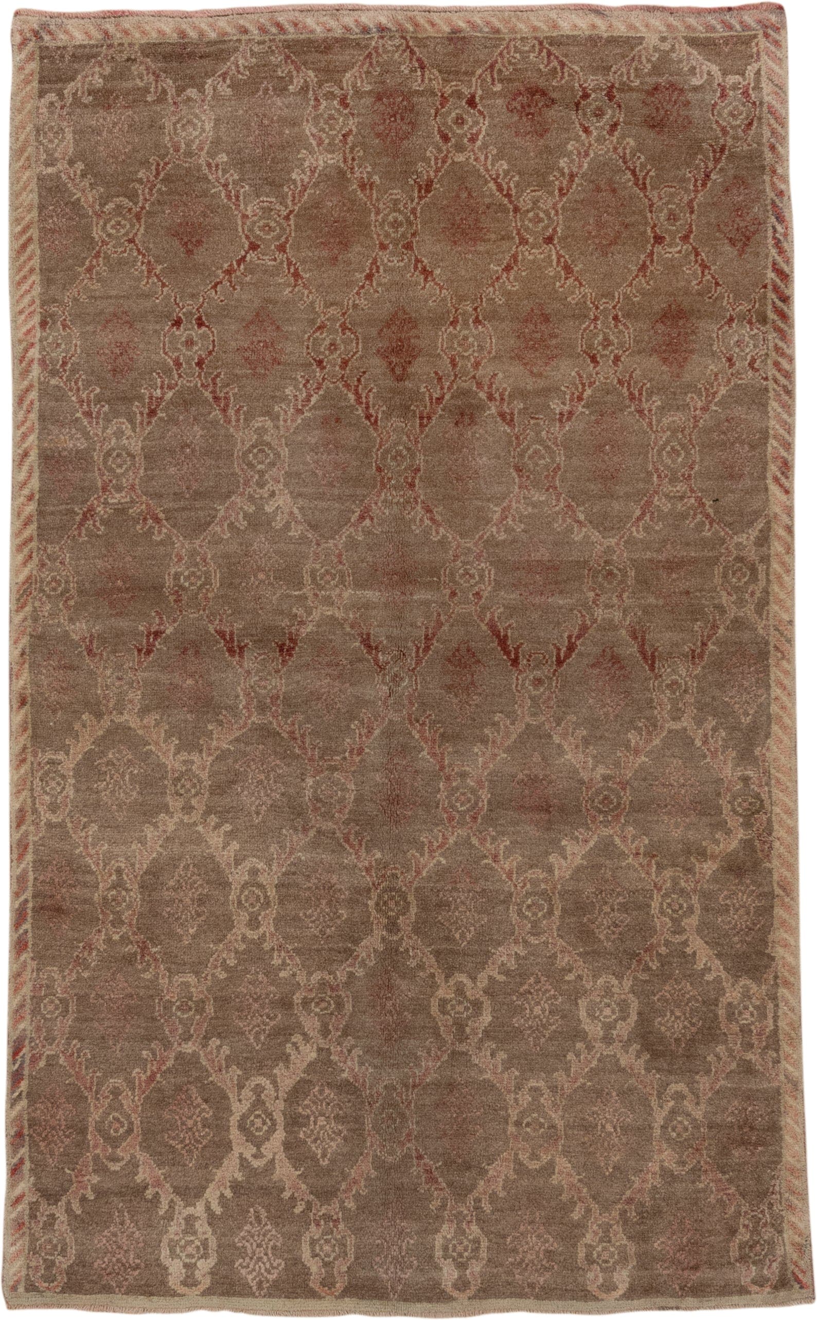 4' x 8' one-of-a-kind handmade vintage Tulu rug. Color palette: taupe, camel, rose, ivory, beige, gray, pink, red