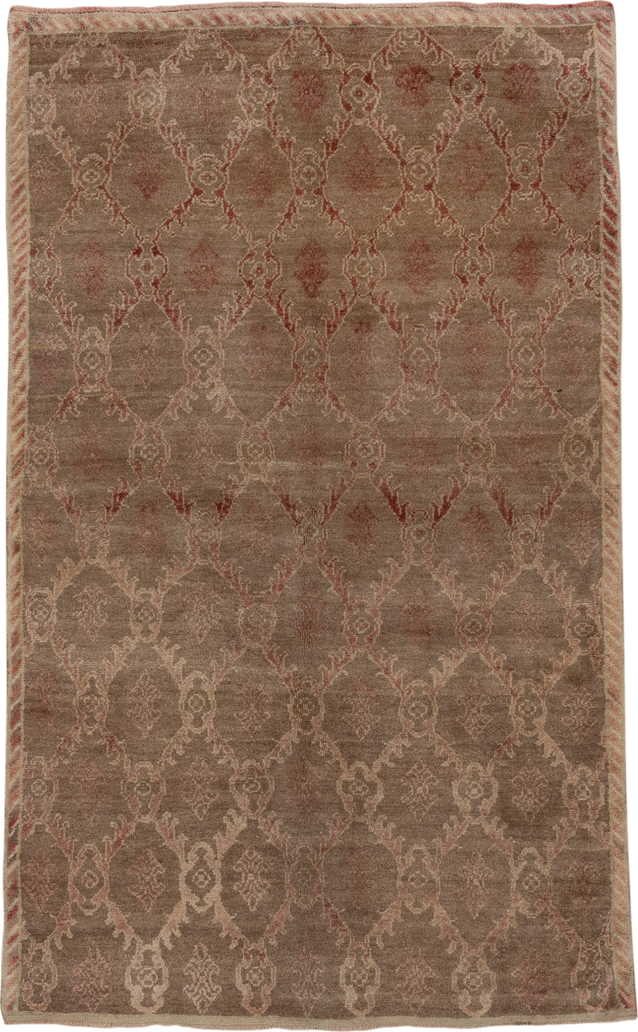 4' x 8' one-of-a-kind handmade vintage Tulu rug. Color palette: taupe, camel, rose, ivory, beige, gray, pink, red