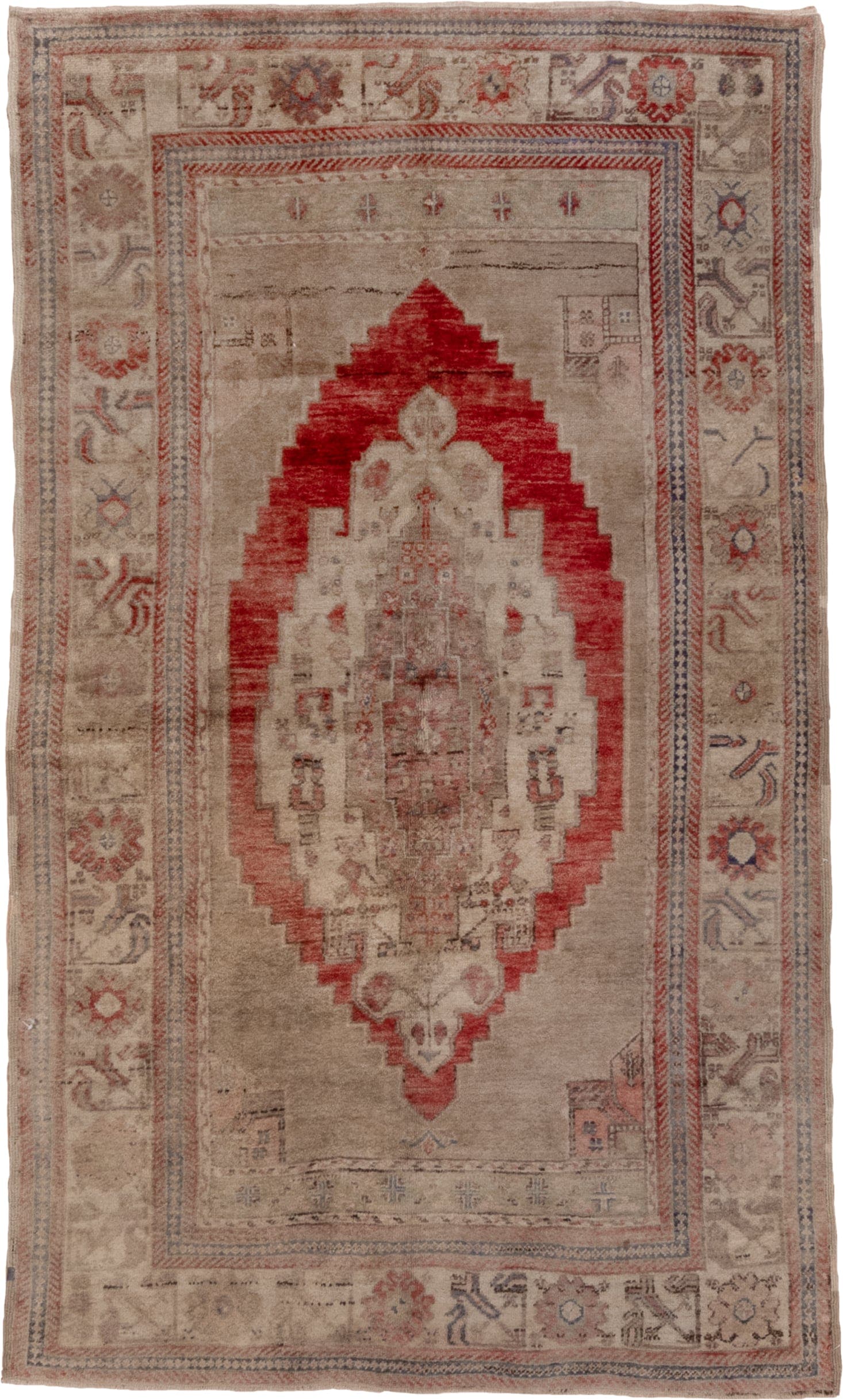 5' x 8' one-of-a-kind handmade vintage Oushak medium size rug. Color palette: taupe, ivory, coral, rose, slate, beige, gray