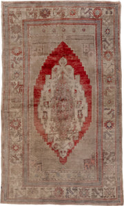 5' x 8' one-of-a-kind handmade vintage Oushak medium size rug. Color palette: taupe, ivory, coral, rose, slate, beige, gray