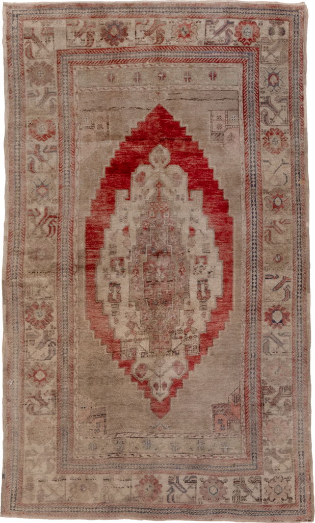5' x 8' one-of-a-kind handmade vintage Oushak medium size rug. Color palette: taupe, ivory, coral, rose, slate, beige, gray
