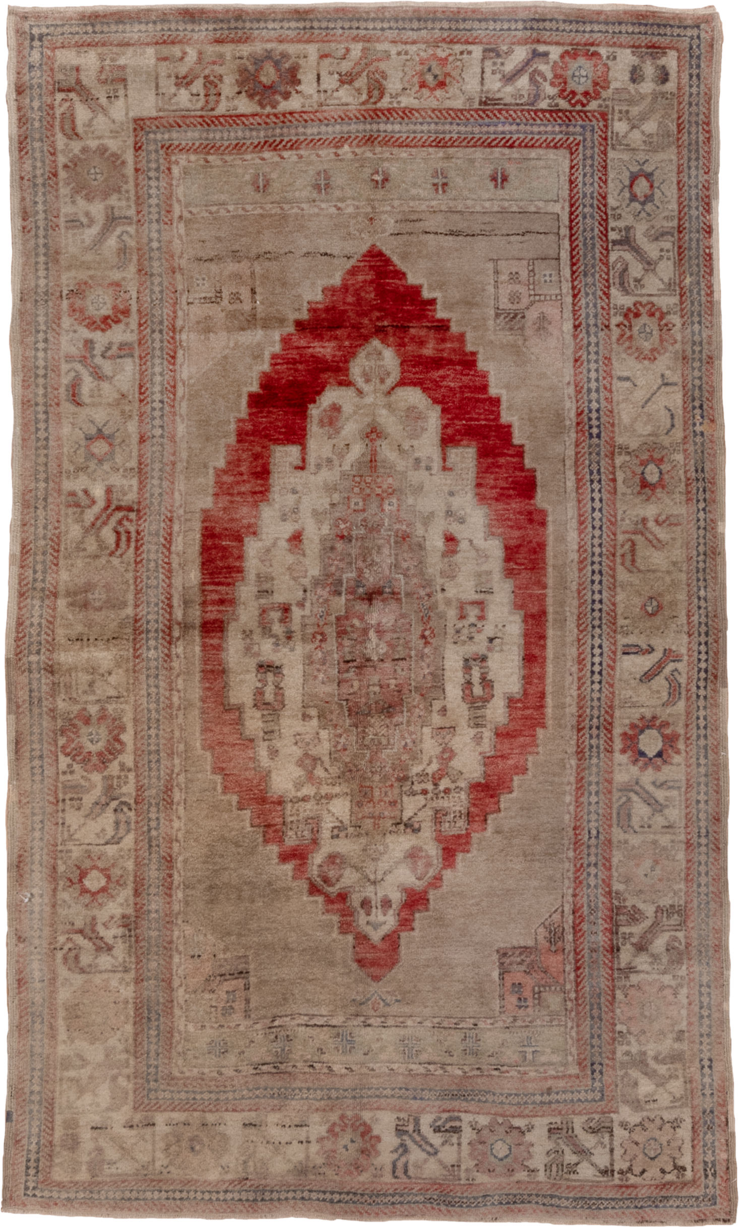 5' x 8' one-of-a-kind handmade vintage Oushak medium size rug. Color palette: taupe, ivory, coral, rose, slate, beige, gray