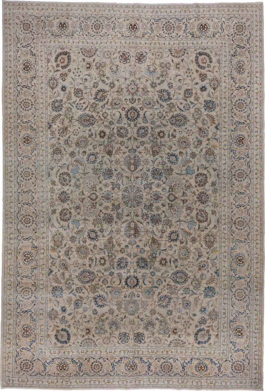 9' x 13' one-of-a-kind handmade vintage Kashan large size rug. Color palette: ivory, taupe, sky_blue, brown, beige, slate