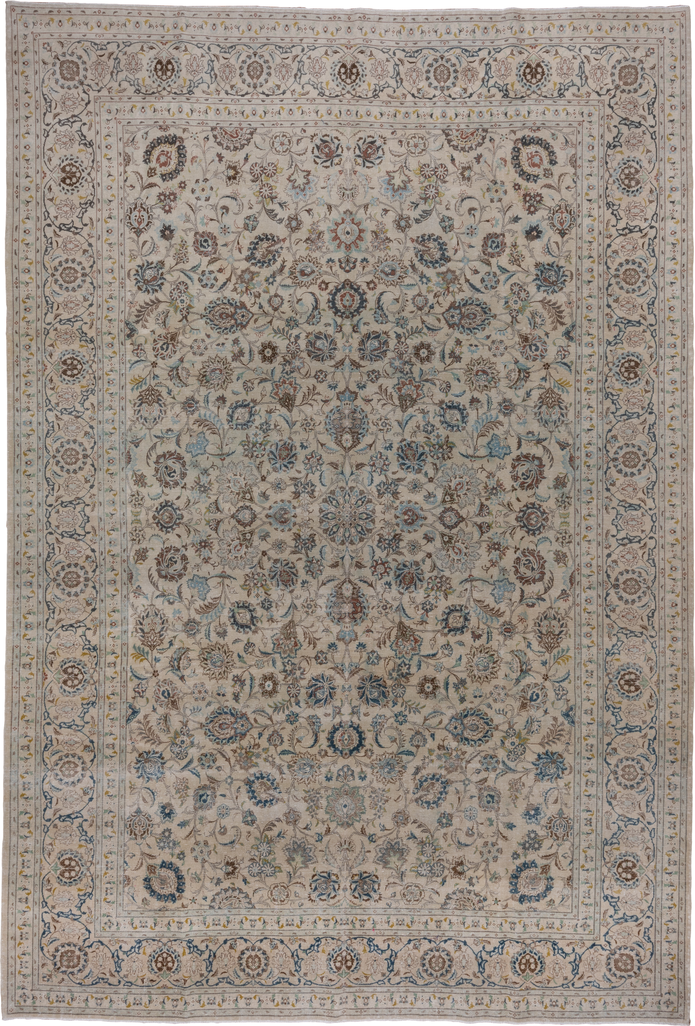 9' x 13' one-of-a-kind handmade vintage Kashan large size rug. Color palette: ivory, taupe, sky_blue, brown, beige, slate