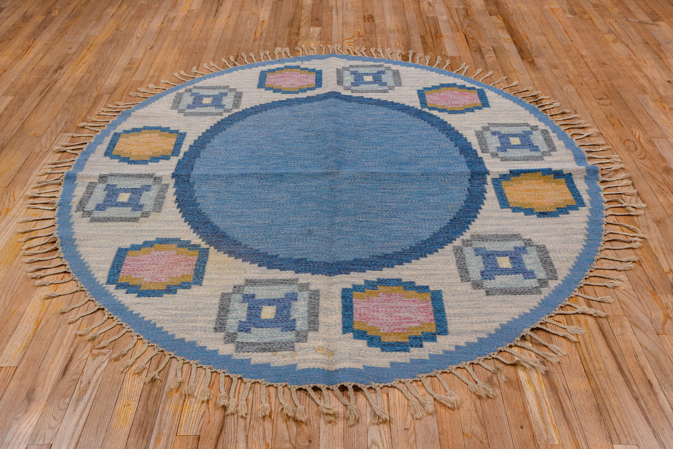 6' x 6' one-of-a-kind handmade vintage Rollaken rug. Color palette: sky blue, ivory, slate, blush, gold, camel, light blue