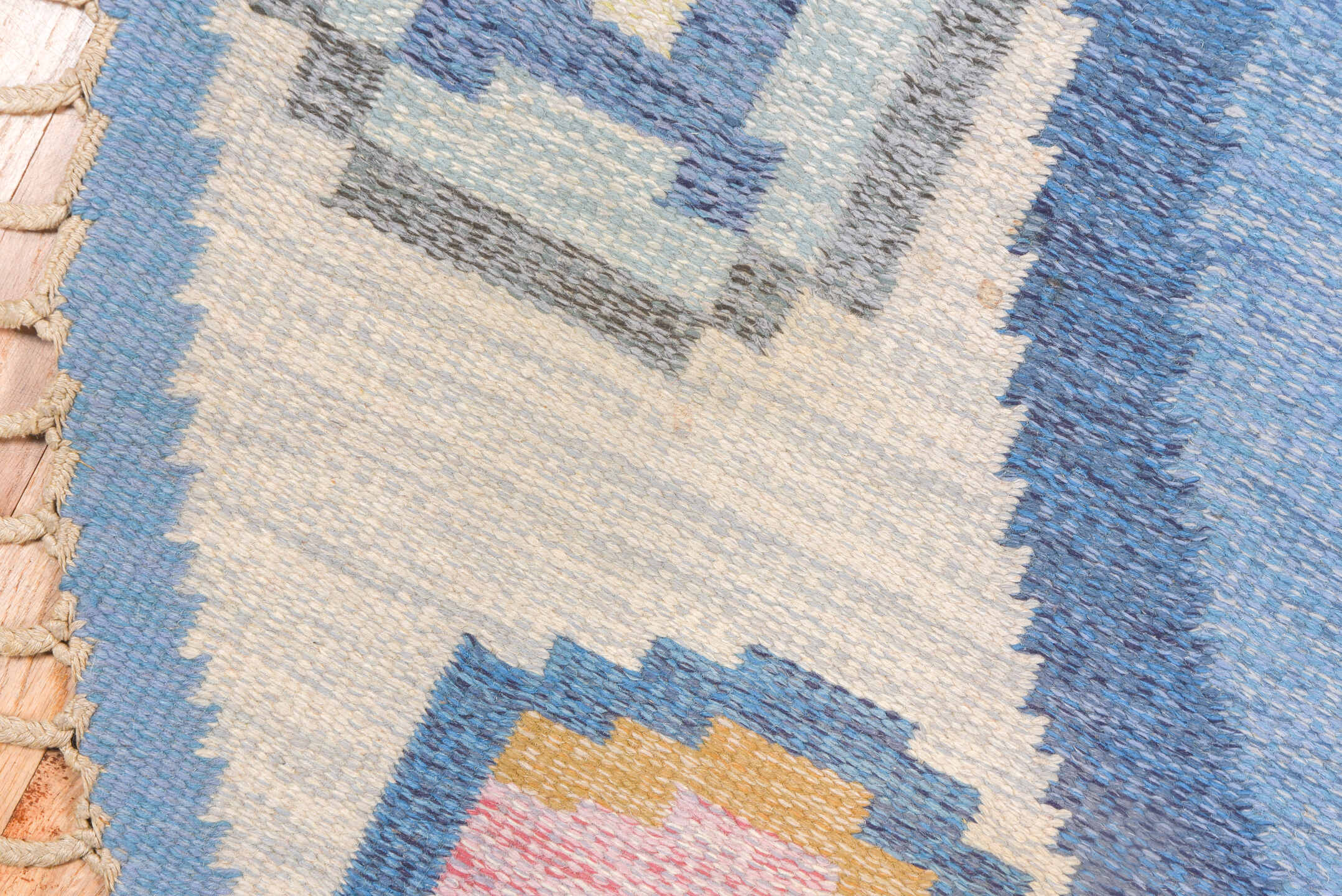 6' x 6' one-of-a-kind handmade vintage Rollaken rug. Color palette: sky blue, ivory, slate, blush, gold, camel, light blue