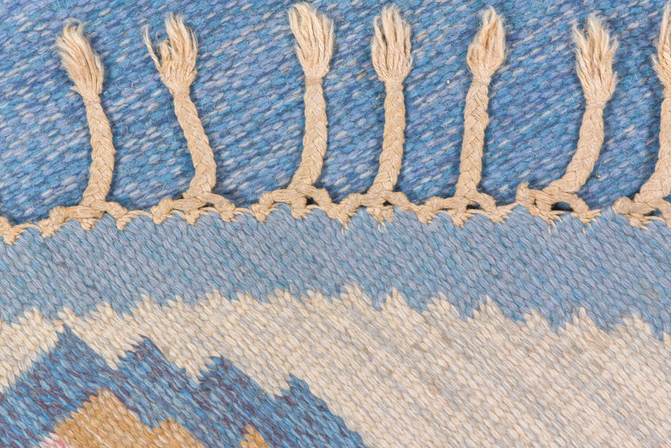 6' x 6' one-of-a-kind handmade vintage Rollaken rug. Color palette: sky blue, ivory, slate, blush, gold, camel, light blue