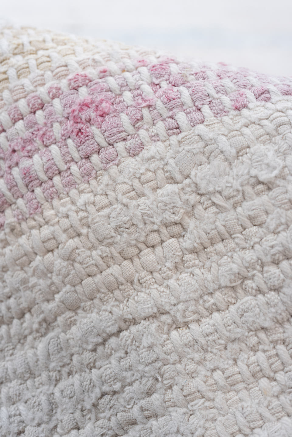 5' x 10' one-of-a-kind handmade vintage Rag Rug medium size rug. Color palette: ivory, pale blue, sky blue, charcoal, blush