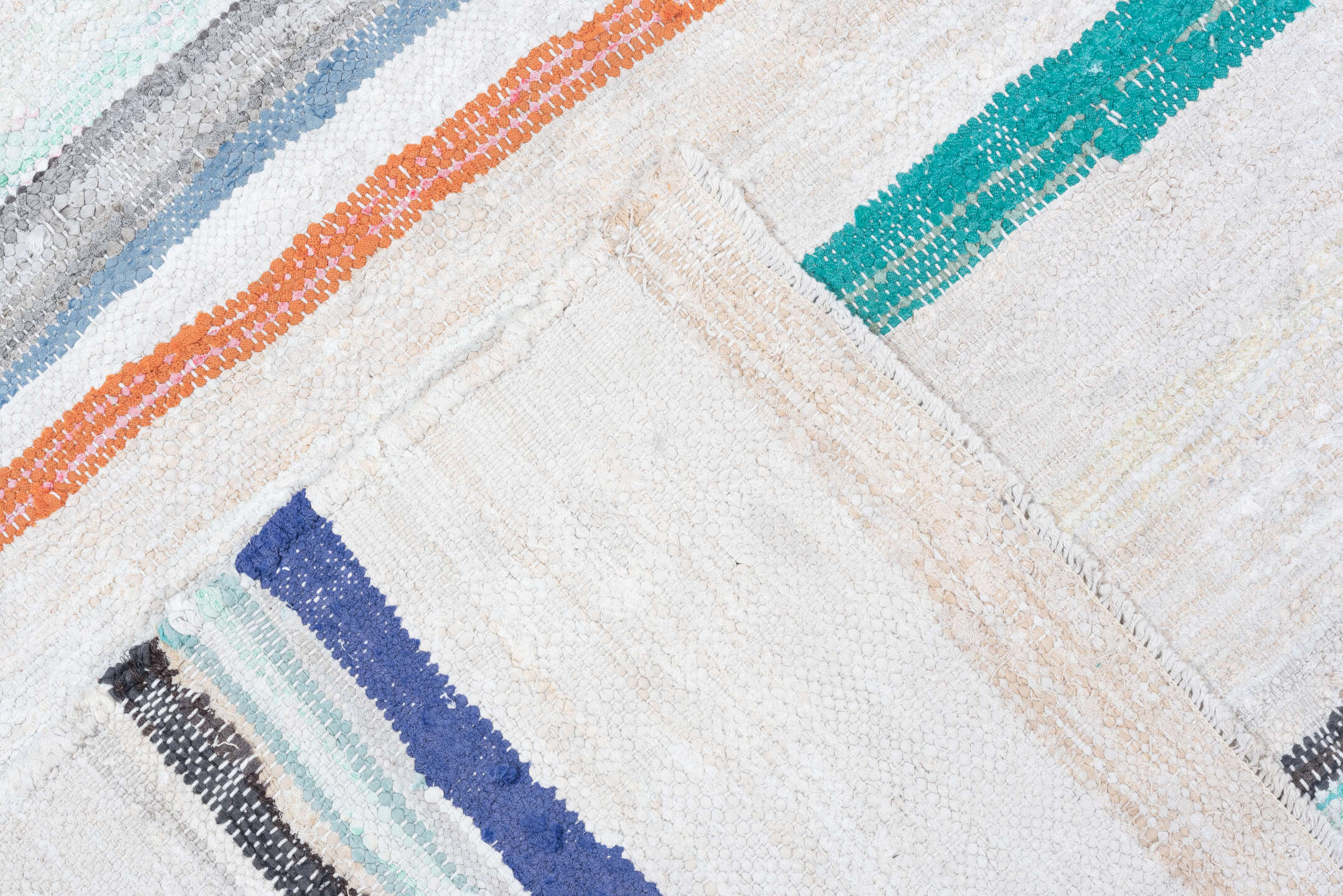 6' x 8' one-of-a-kind handmade vintage Rag Rug medium size rug. Color palette: ivory, charcoal, crimson, orange, cobalt