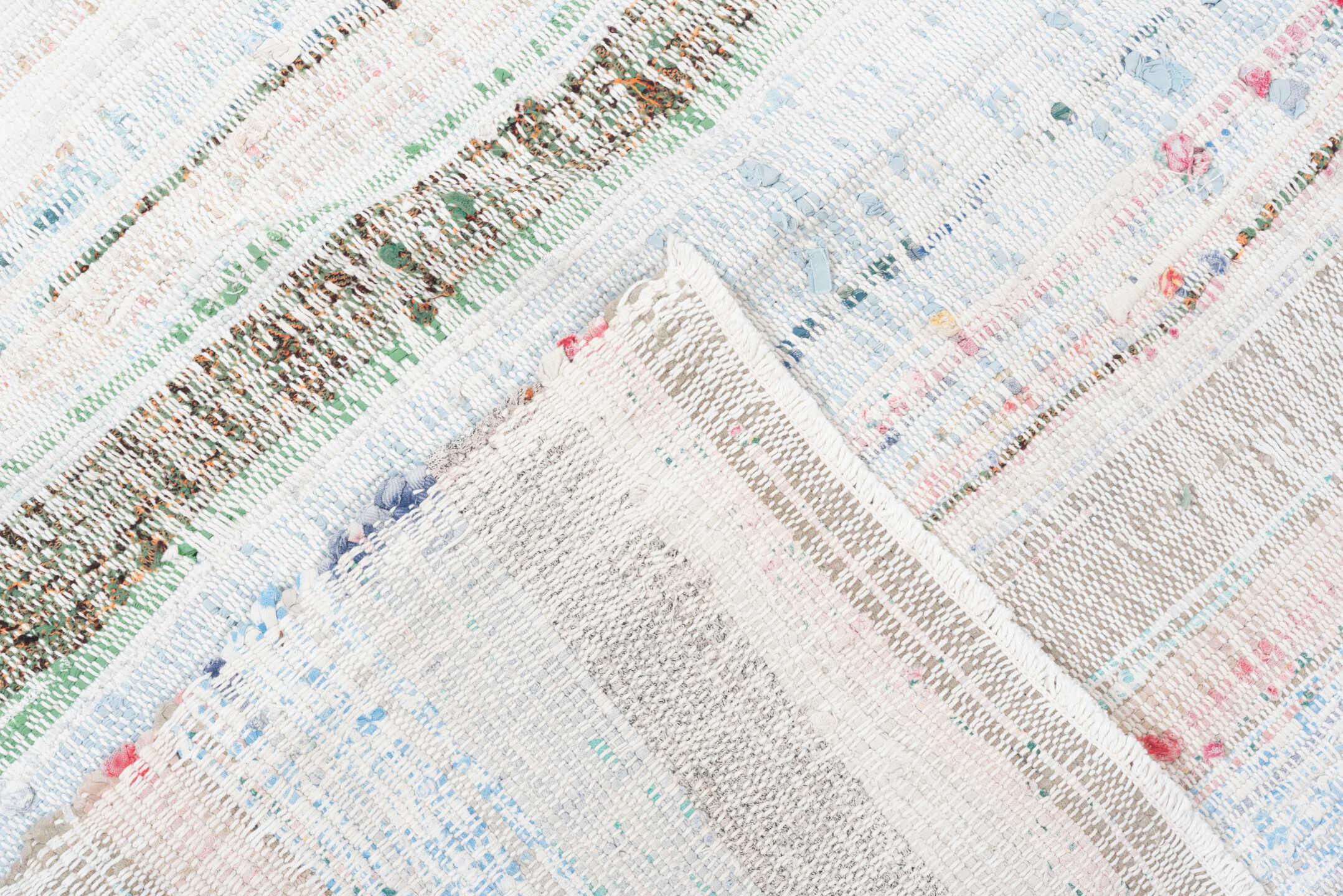 8' x 10' one-of-a-kind handmade vintage Rag Rug large size rug. Color palette: ivory, sky blue, teal, rose, brown, aqua
