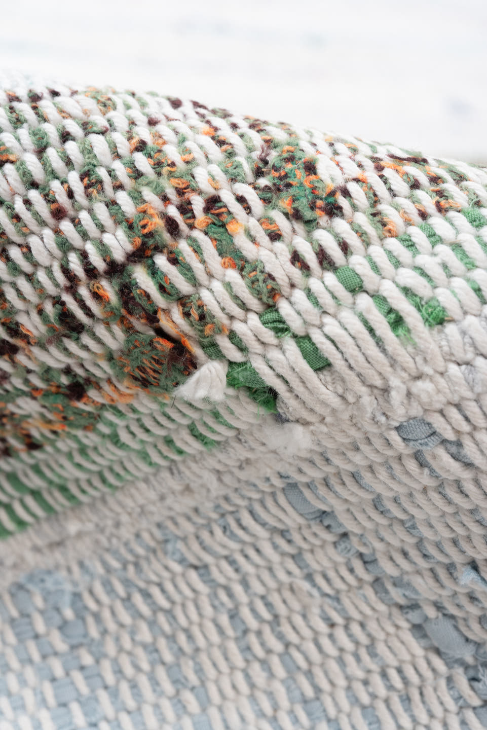 8' x 10' one-of-a-kind handmade vintage Rag Rug large size rug. Color palette: ivory, sky blue, teal, rose, brown, aqua