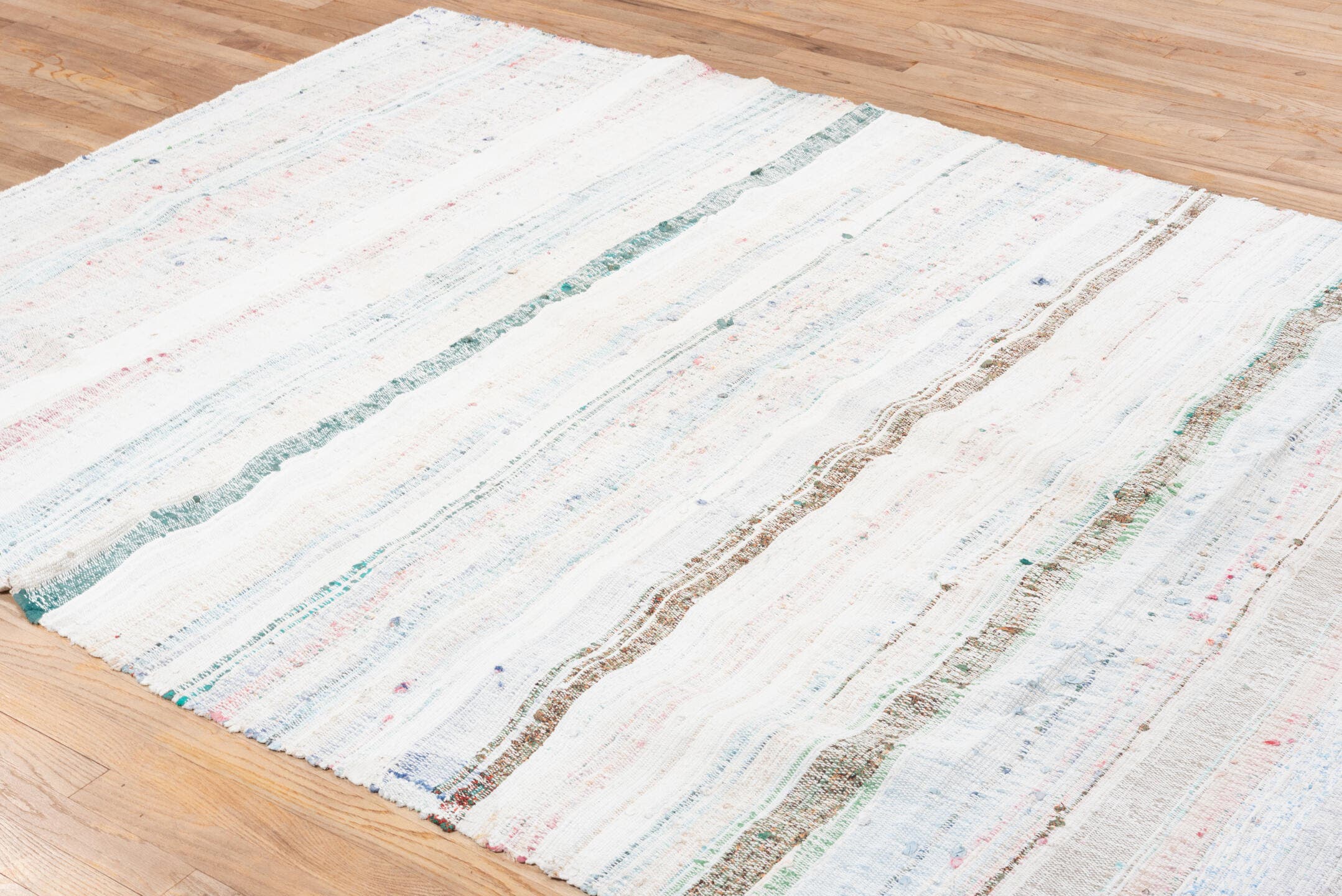 8' x 10' one-of-a-kind handmade vintage Rag Rug large size rug. Color palette: ivory, sky blue, teal, rose, brown, aqua