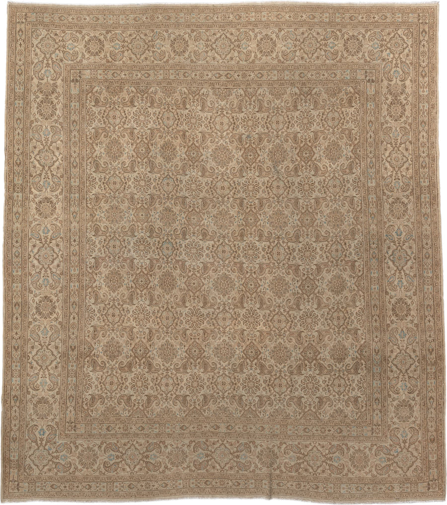 8' x 9' one-of-a-kind handmade vintage Kazvin large size rug. Color palette: taupe, ivory, beige, camel, pale blue, sand