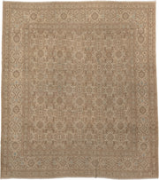 8' x 9' one-of-a-kind handmade vintage Kazvin large size rug. Color palette: taupe, ivory, beige, camel, pale blue, sand