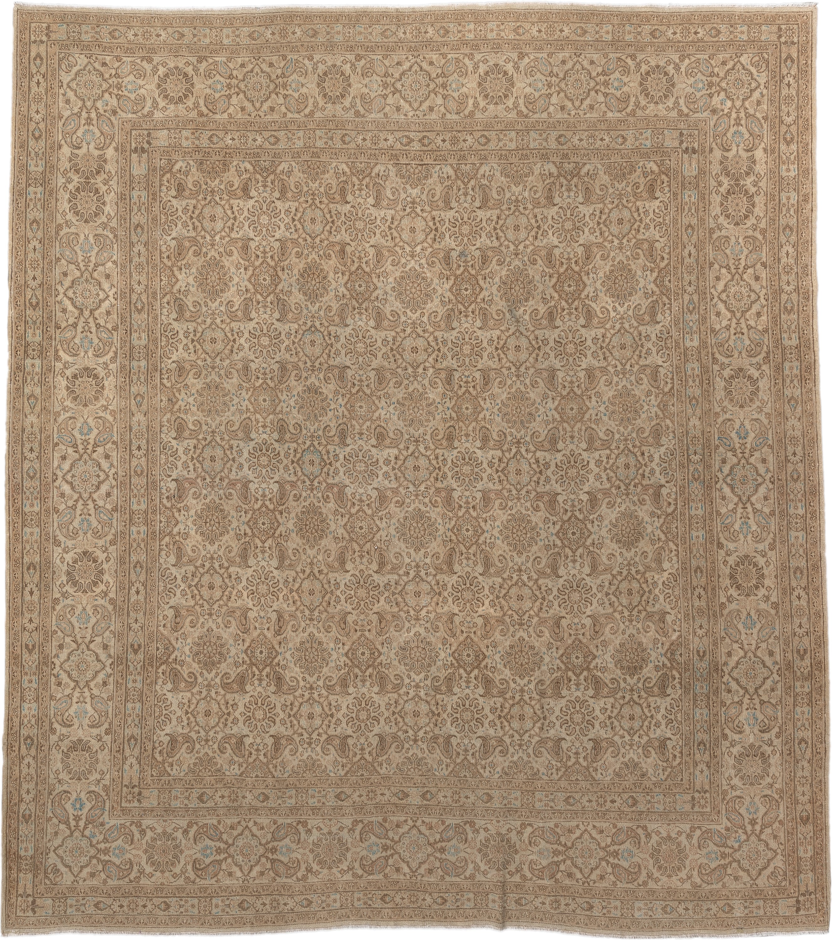 8' x 9' one-of-a-kind handmade vintage Kazvin large size rug. Color palette: taupe, ivory, beige, camel, pale blue, sand