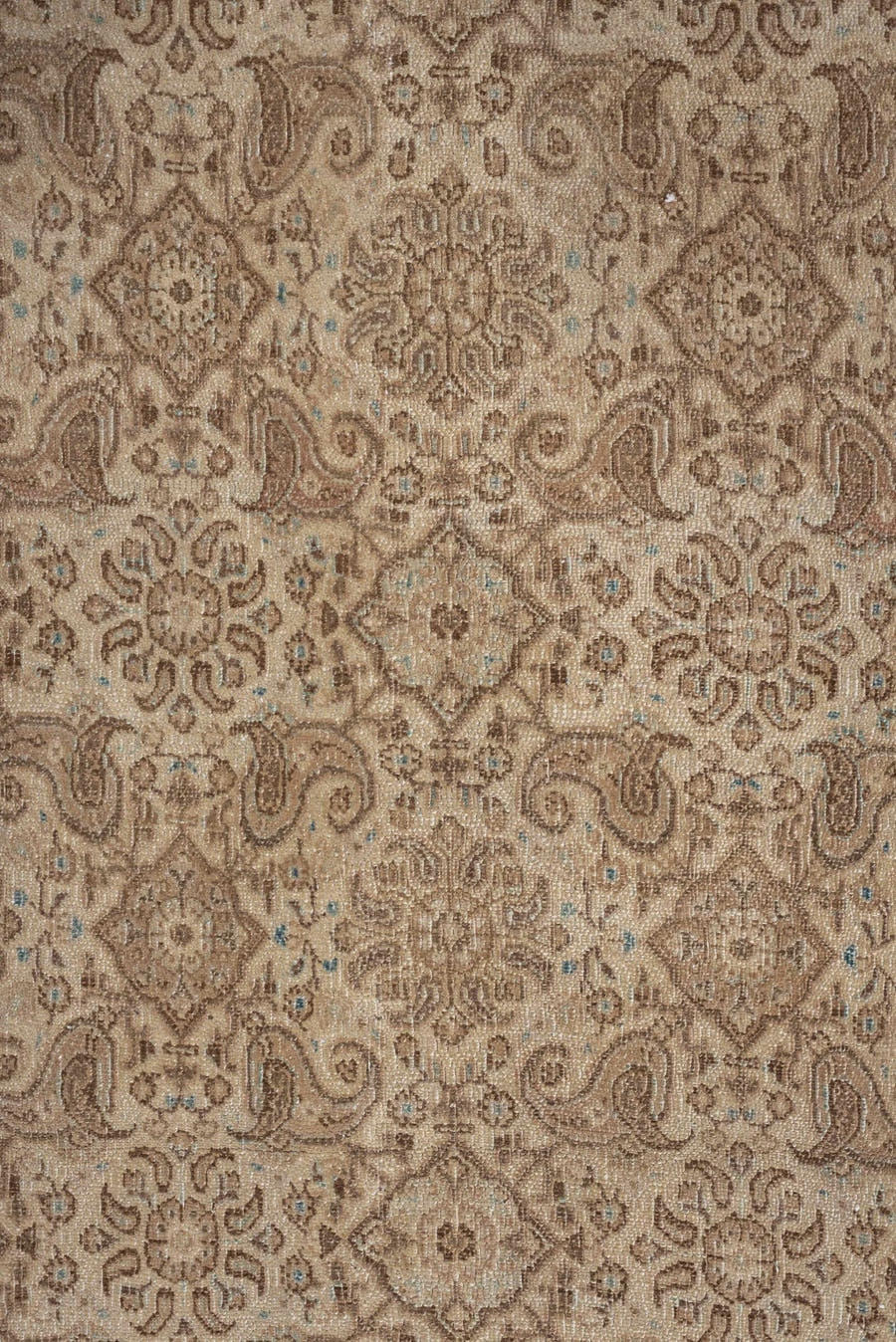 8' x 9' one-of-a-kind handmade vintage Kazvin large size rug. Color palette: taupe, ivory, beige, camel, pale blue, sand