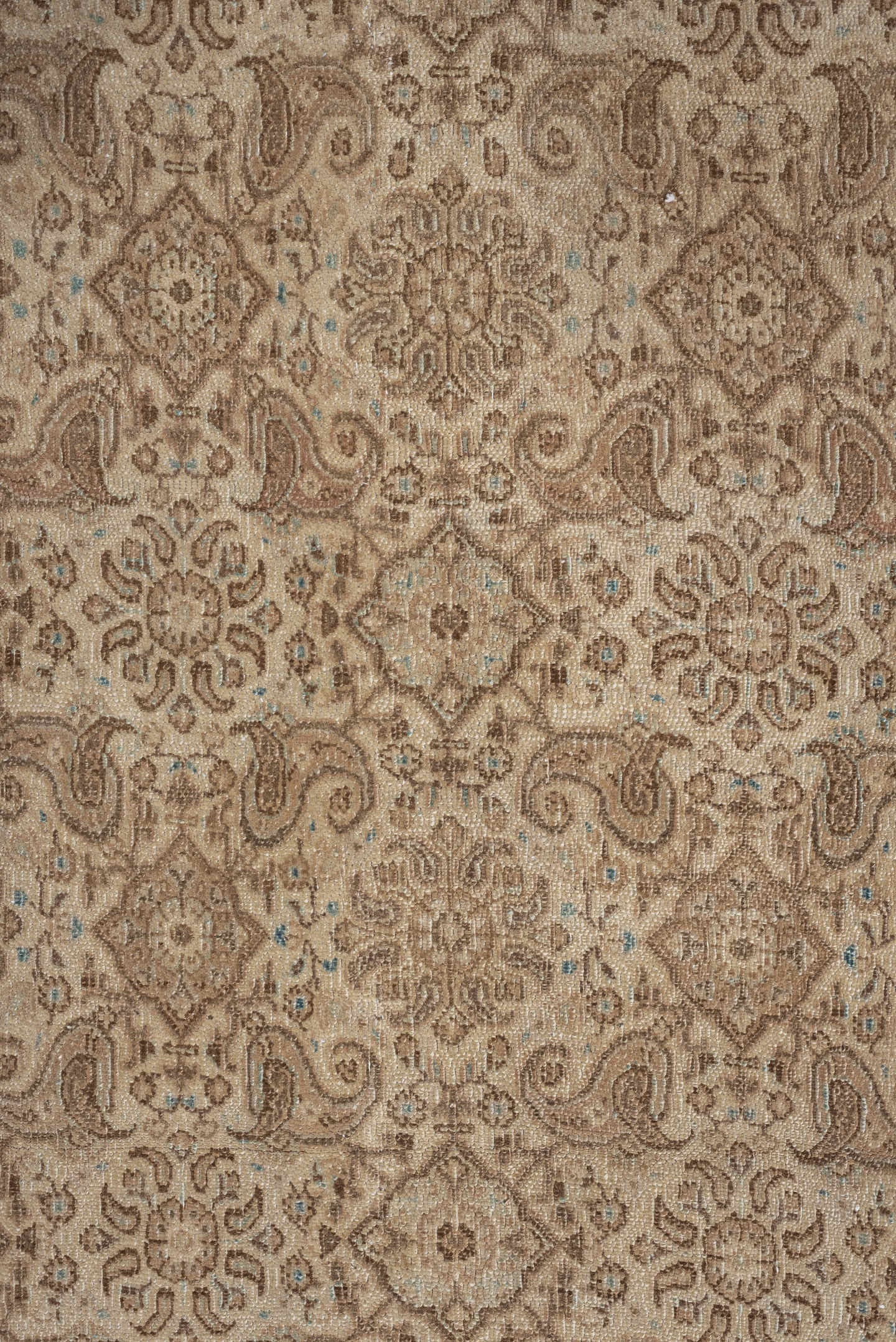 8' x 9' one-of-a-kind handmade vintage Kazvin large size rug. Color palette: taupe, ivory, beige, camel, pale blue, sand