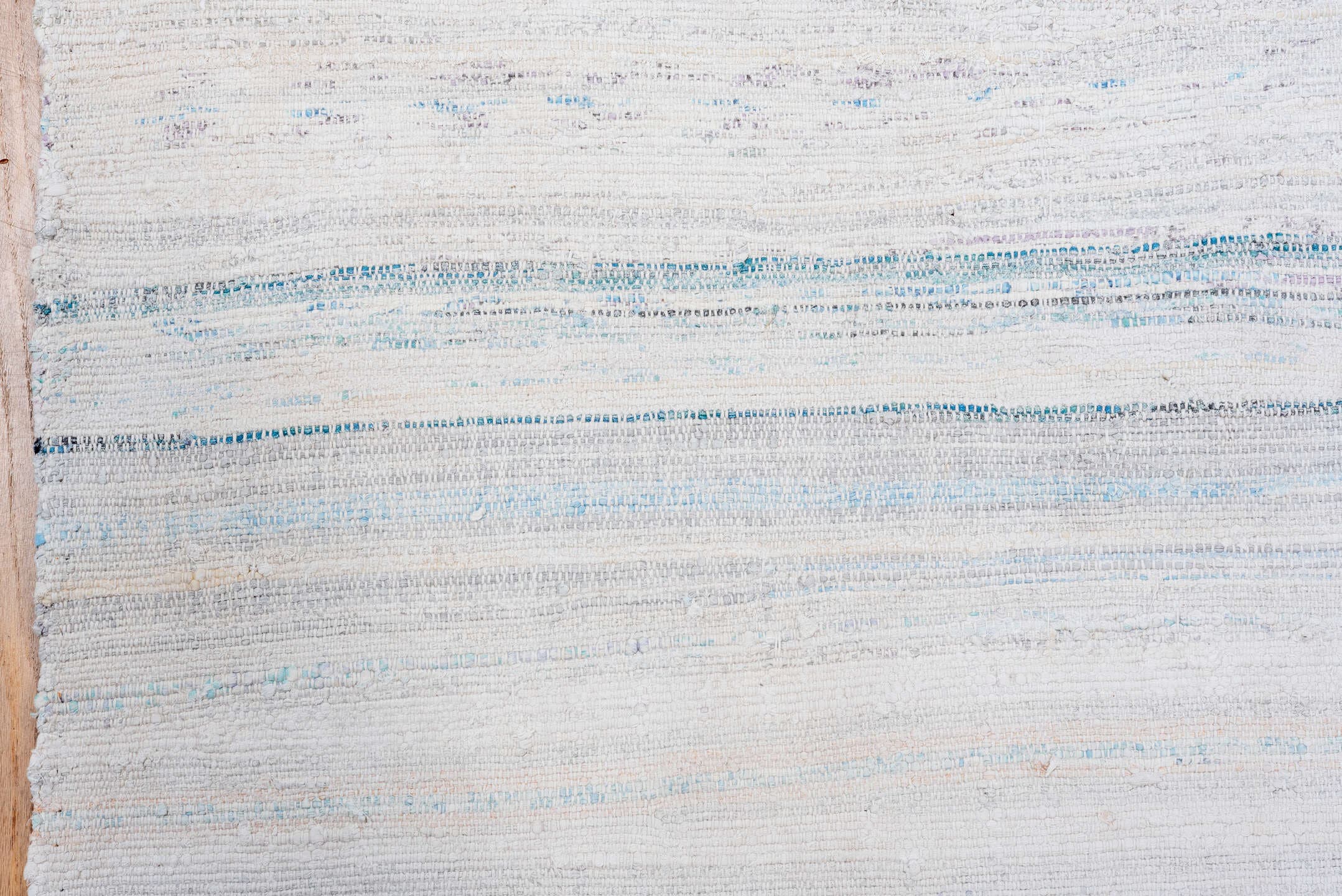 7' x 8' one-of-a-kind handmade vintage Rag Rug rug. Color palette: ivory, pale blue, aqua, light gray, blush, cobalt