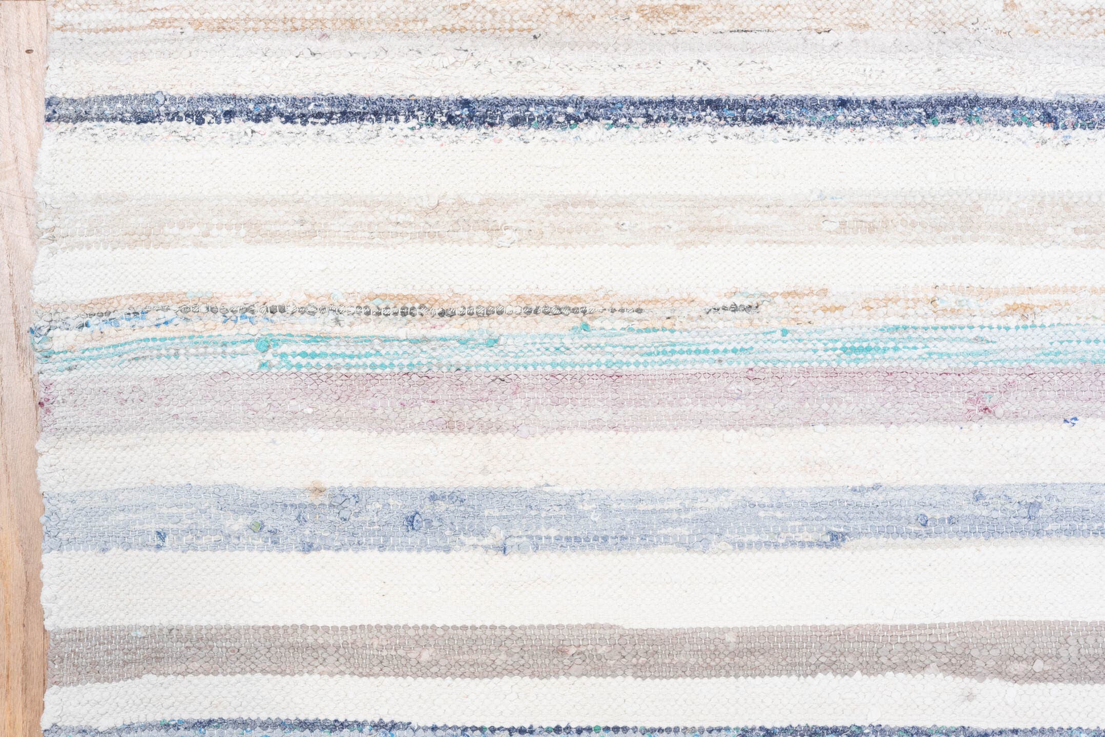 7' x 10' one-of-a-kind handmade vintage Rag Rug large size rug. Color palette: ivory, pale blue, beige, charcoal, pink