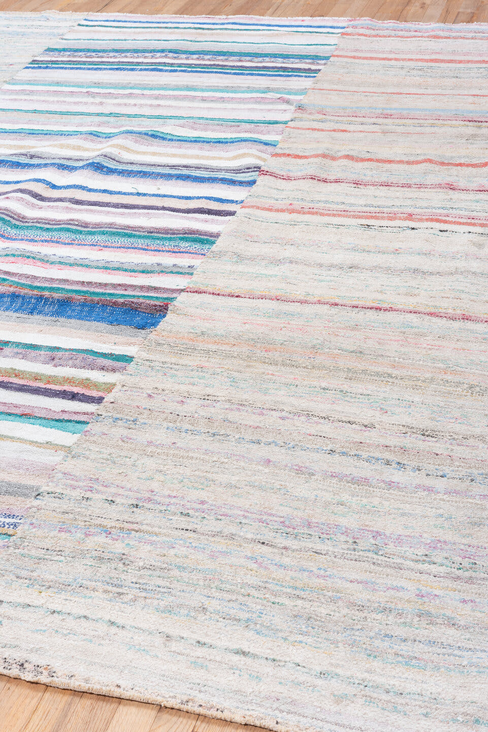 8' x 10' one-of-a-kind handmade vintage Rag Rug large size rug. Color palette: ivory, sky blue, turquoise, cobalt, coral