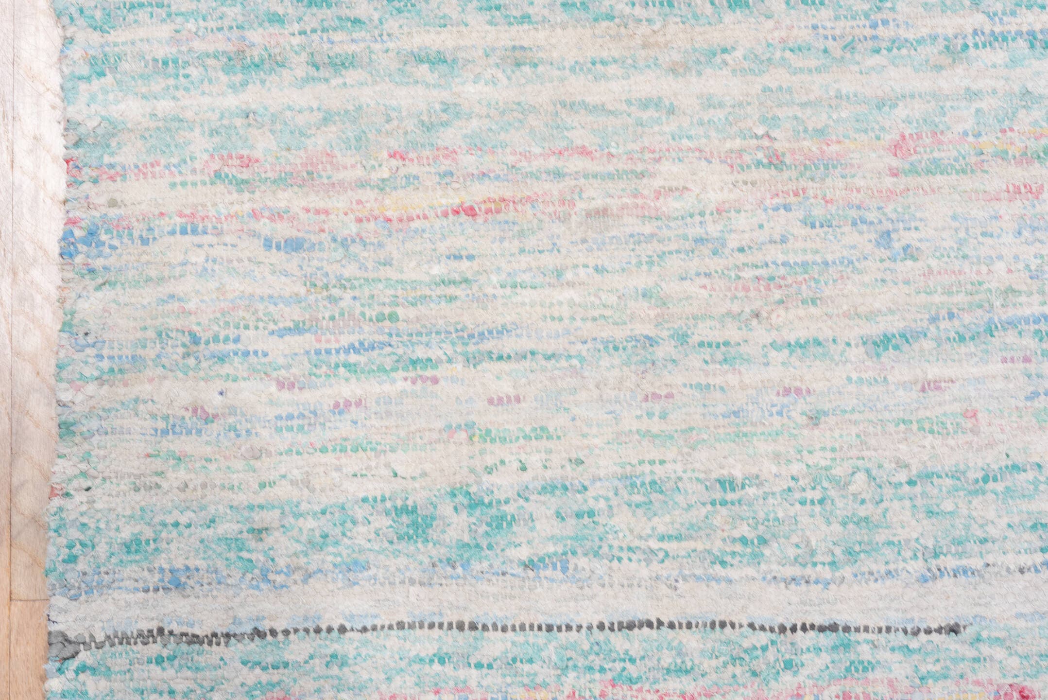 8' x 10' one-of-a-kind handmade vintage Rag Rug large size rug. Color palette: ivory, sky blue, turquoise, cobalt, coral