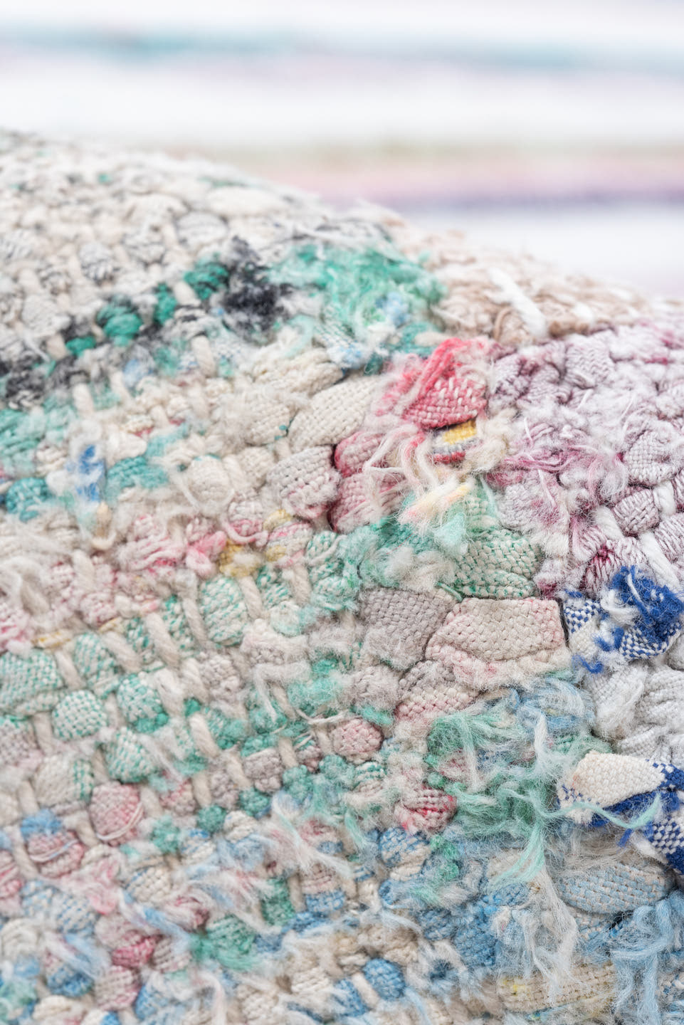 8' x 10' one-of-a-kind handmade vintage Rag Rug large size rug. Color palette: ivory, sky blue, turquoise, cobalt, coral