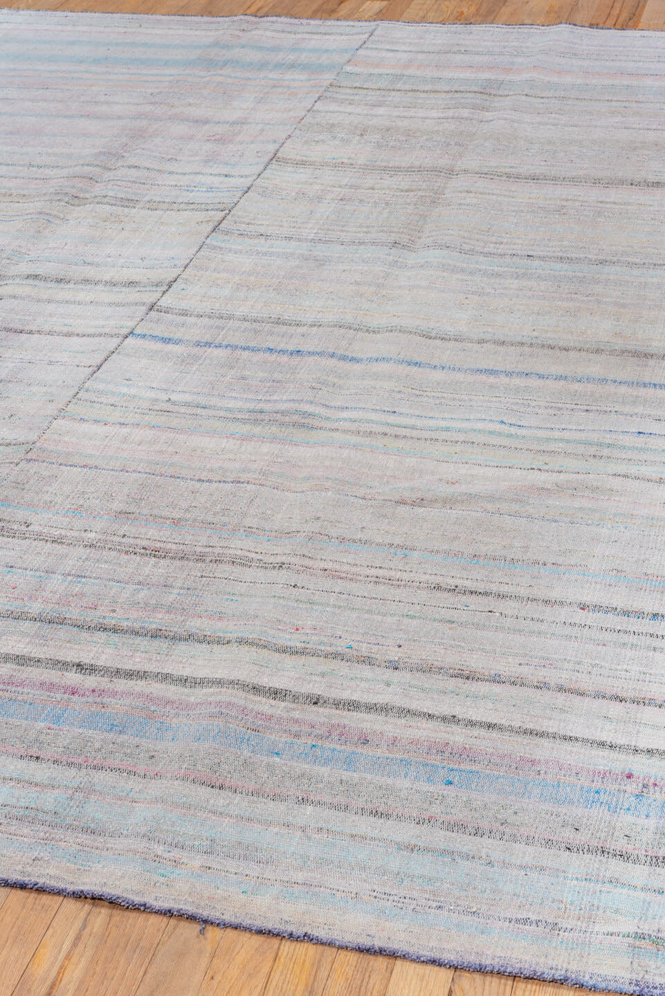 6' x 9' one-of-a-kind handmade antique Rag Rug medium size rug. Color palette: gray, lavender, sky_blue, blush, charcoal