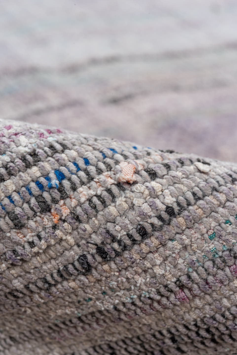 6' x 9' one-of-a-kind handmade antique Rag Rug medium size rug. Color palette: gray, lavender, sky_blue, blush, charcoal