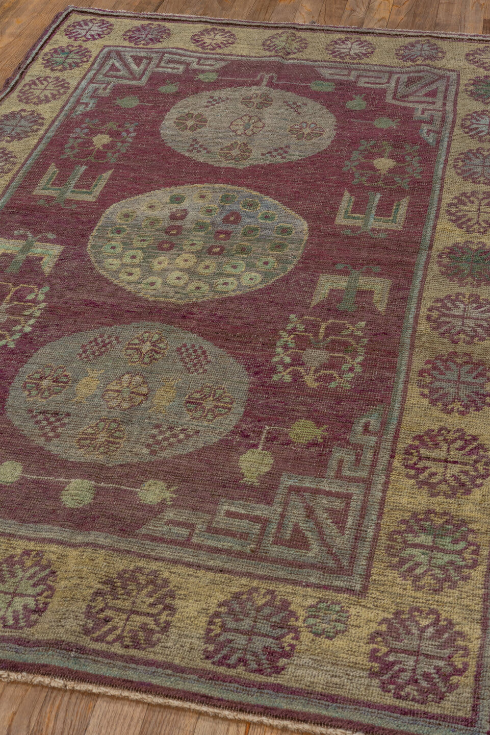 3' x 6' one-of-a-kind handmade antique Khotan small size rug. Color palette: burgundy, gold, ivory, sage, rose, taupe, green