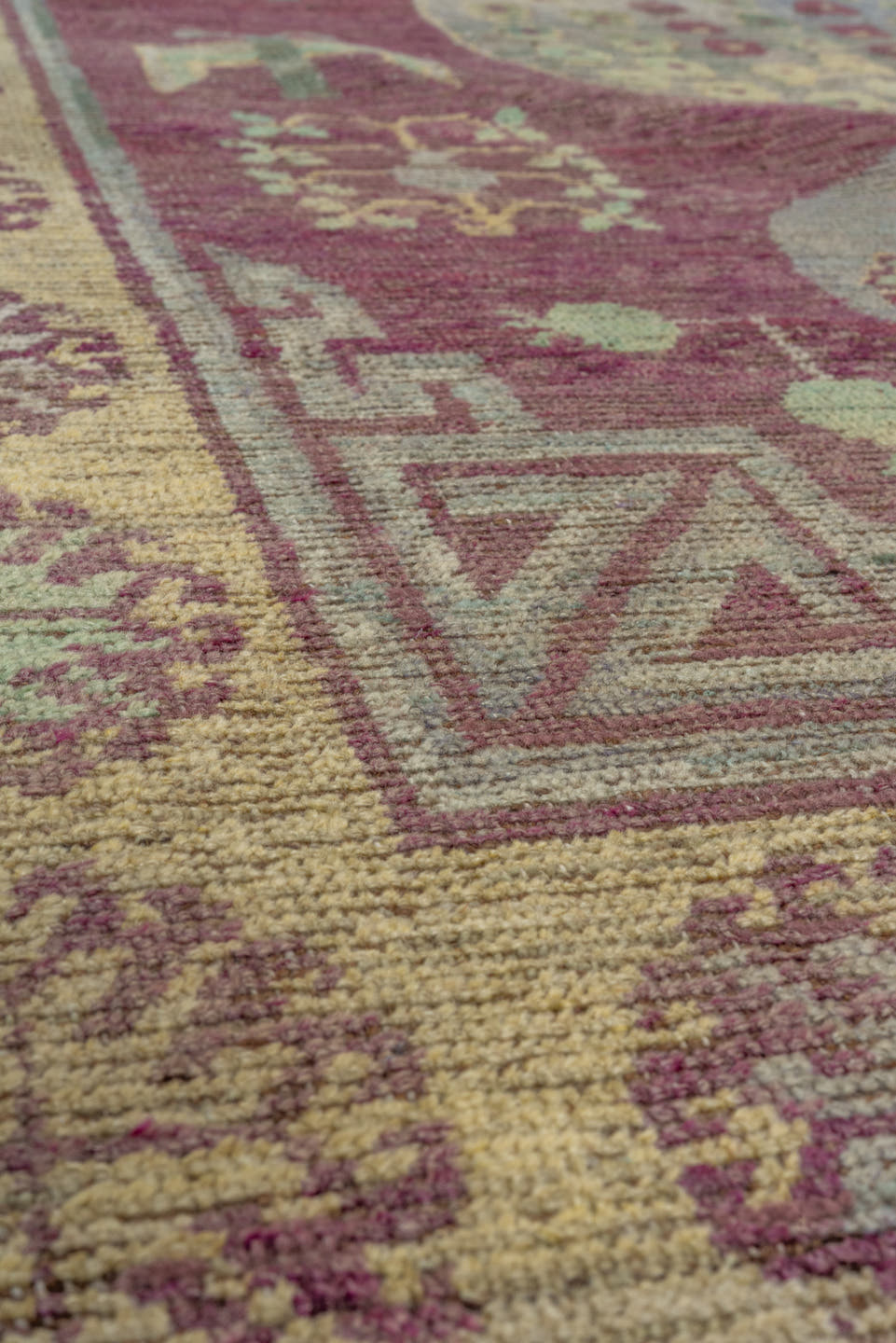 3' x 6' one-of-a-kind handmade antique Khotan small size rug. Color palette: burgundy, gold, ivory, sage, rose, taupe, green