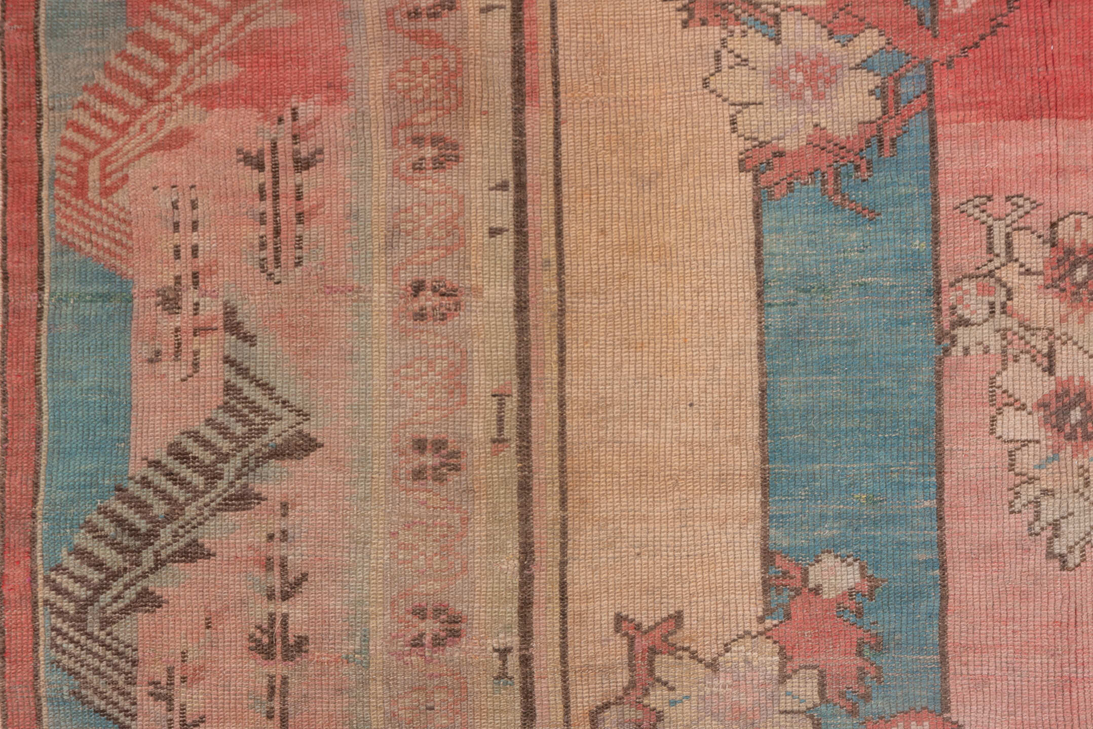 4' x 5' one-of-a-kind handmade antique Oushak small size rug. Color palette: coral, ivory, aqua, rose, taupe, charcoal