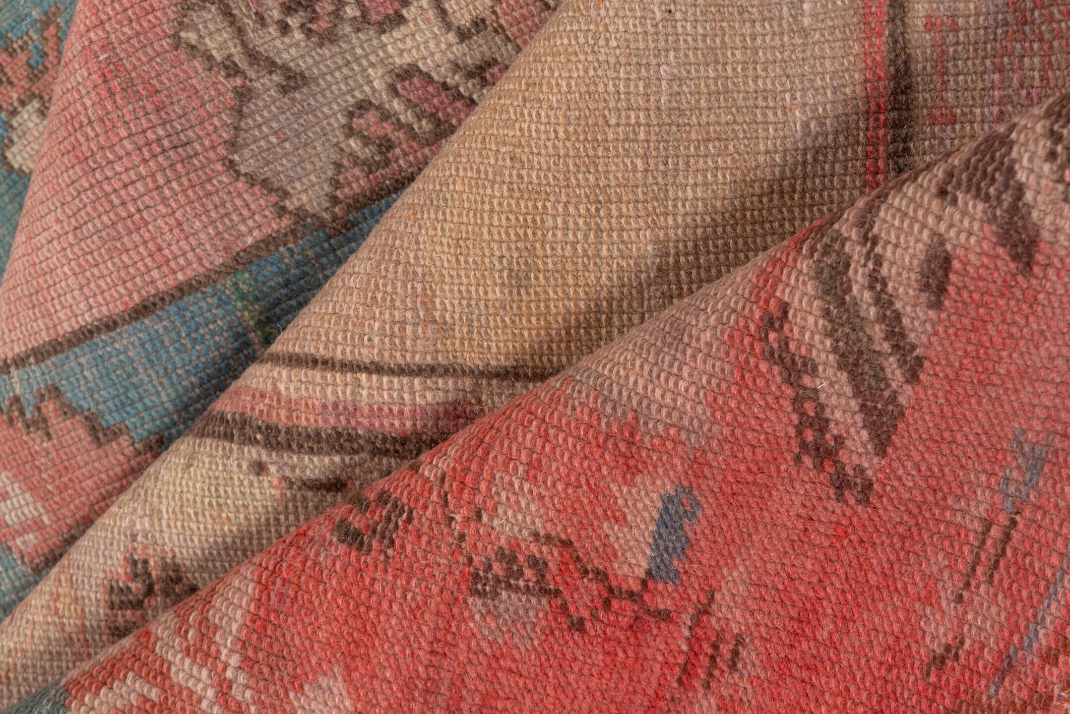 4' x 5' one-of-a-kind handmade antique Oushak small size rug. Color palette: coral, ivory, aqua, rose, taupe, charcoal