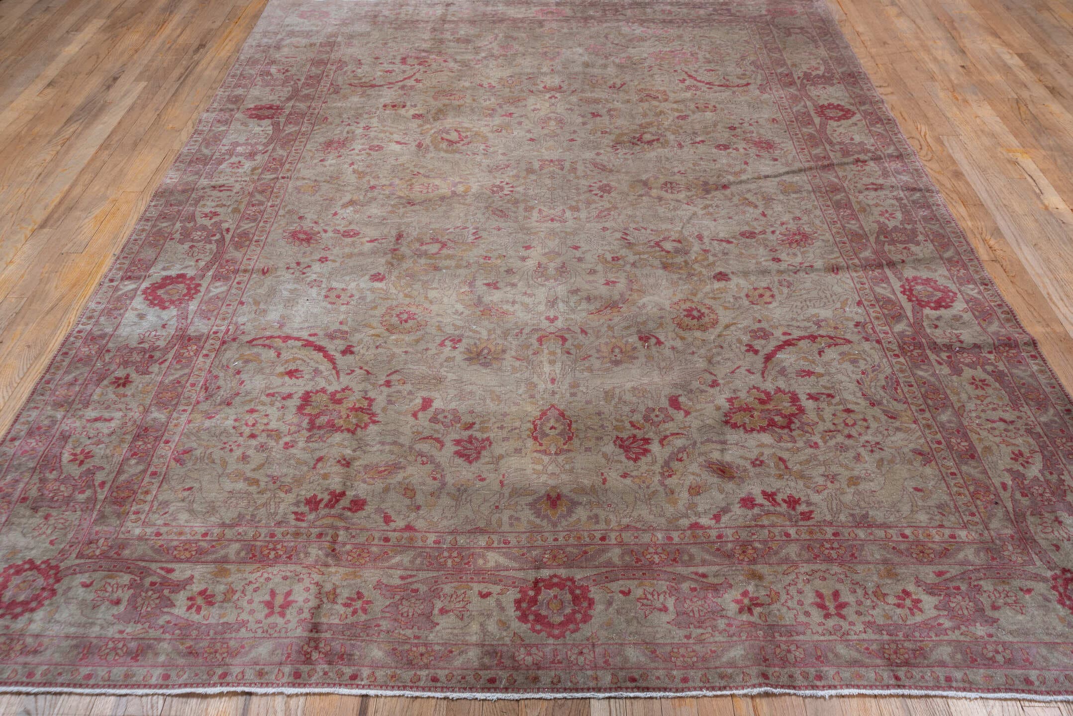 7' x 10' one-of-a-kind handmade antique Sivas large size rug. Color palette: beige, rose, dusty pink, taupe, ivory, gold