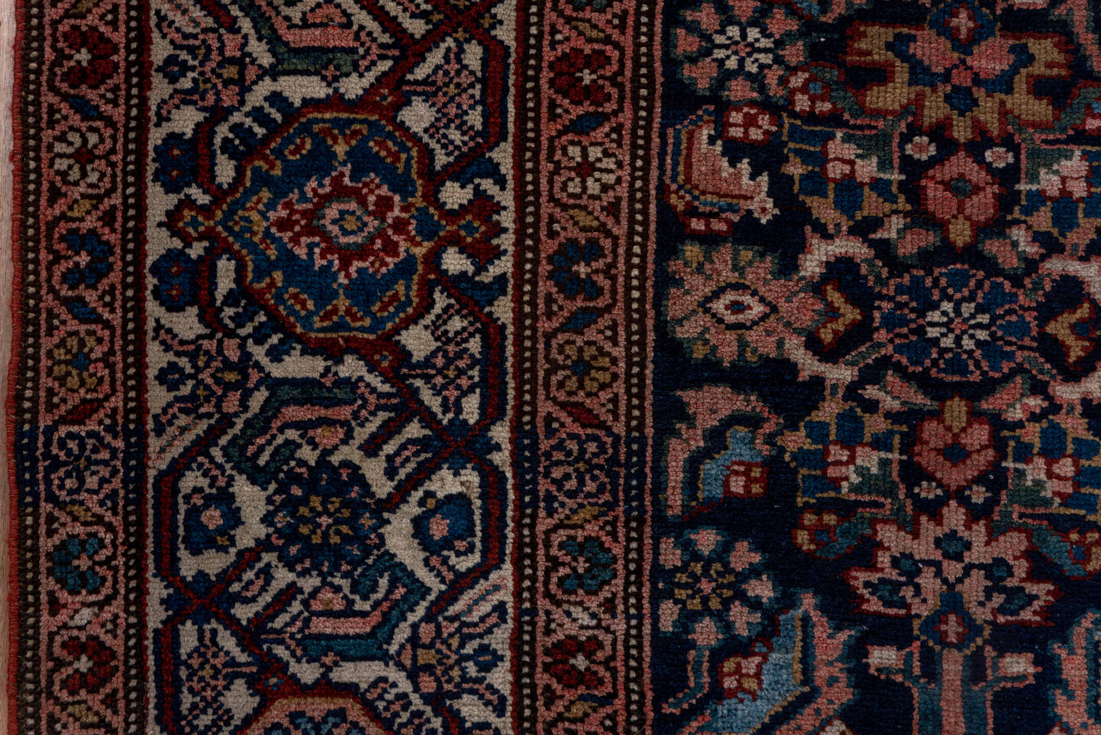5' x 14' one-of-a-kind handmade antique Malayer rug. Color palette: navy, ivory, rust, indigo, camel, rose, sienna, blue