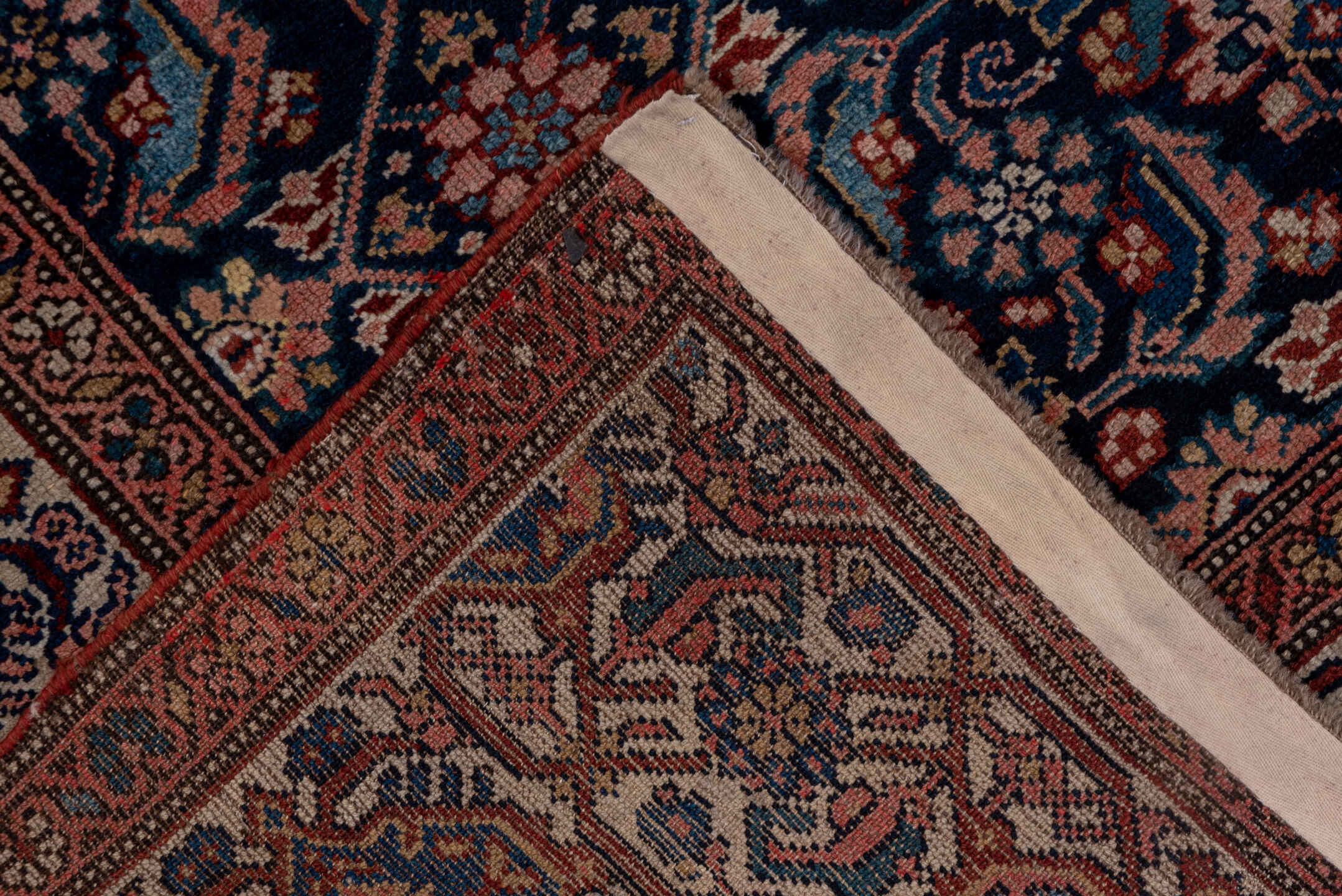 5' x 14' one-of-a-kind handmade antique Malayer rug. Color palette: navy, ivory, rust, indigo, camel, rose, sienna, blue